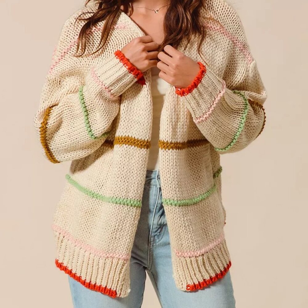 SO ME‎ Loose Fit Multi Stripe Open Front Cardigan